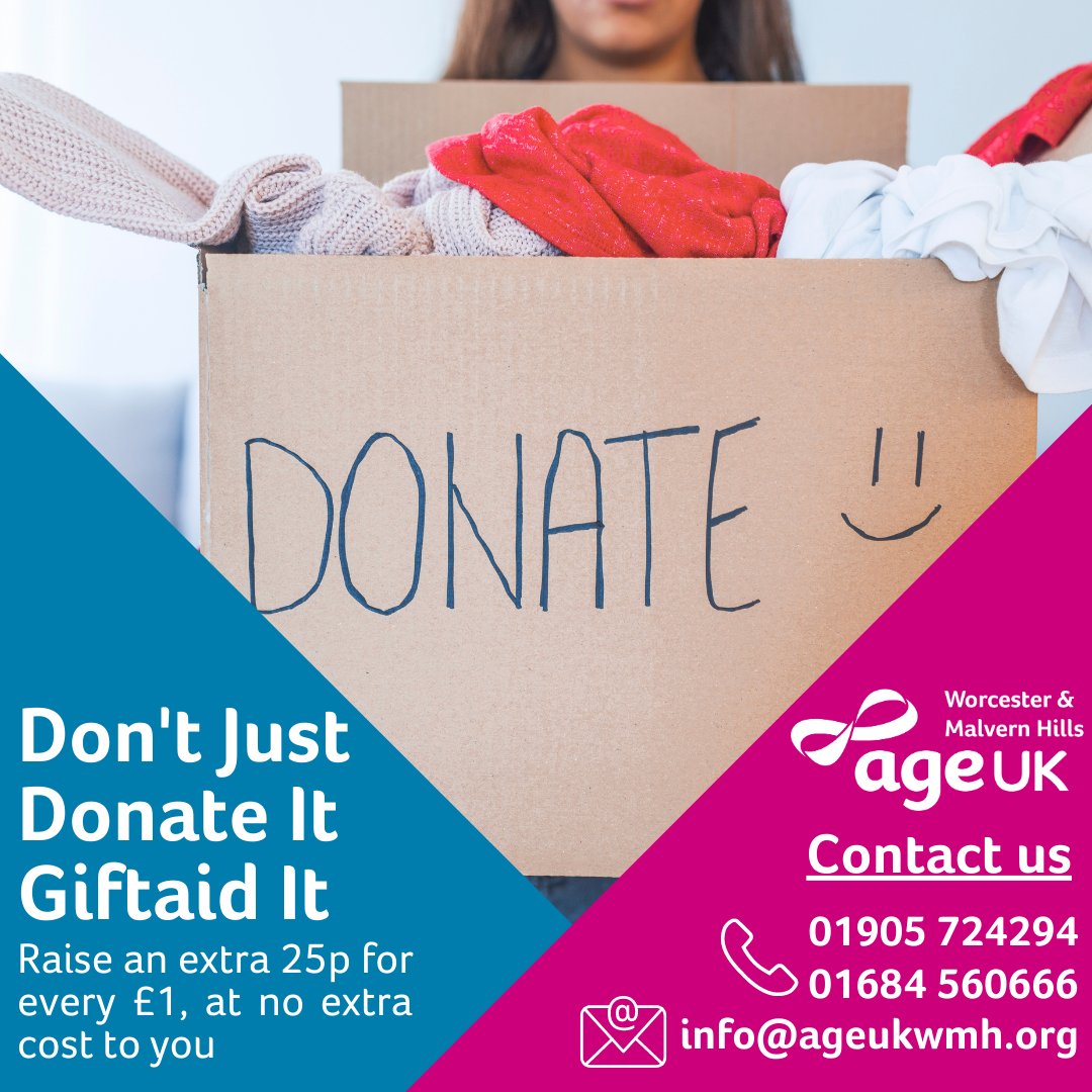 Thinking about donating to one our our #charityshops today?

Don't just donate it, #giftaid it.

If you're a UK taxpayer your #donations are worth 25% more. Help us make more from your generous donations, ask us about Gift Aid, when you donate, in store.

#WorcestershireHour