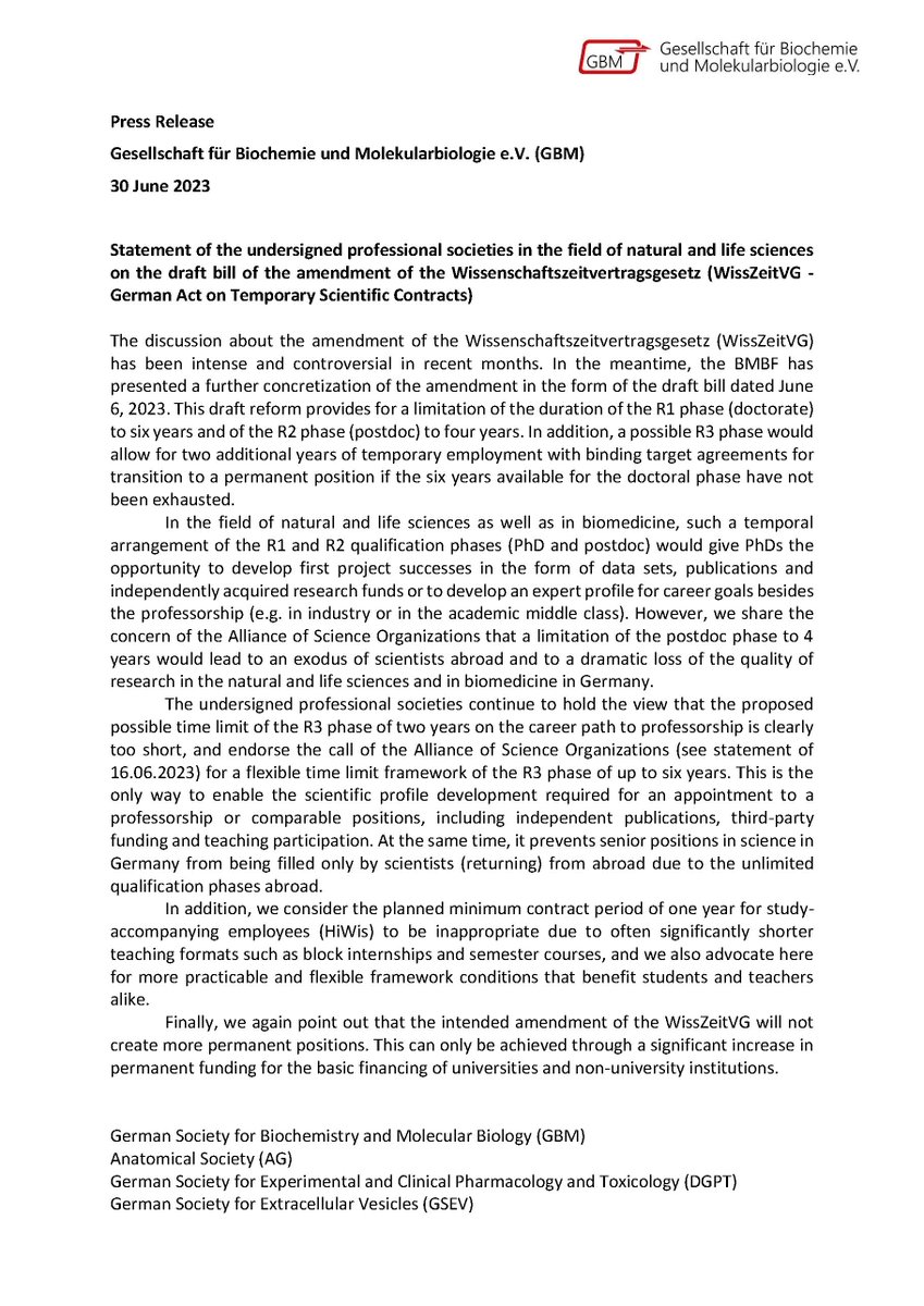 VolkerHaucke's tweet photo. See the new joint statement from professional societies in biomedicine and biology spearheaded by GBM on the planned amendment of the German Act on Temporary Scientific Contracts! Postdocs need 4 years or more to complete their work and another 6 for an academic career path! https://t.co/FnIERwKLiX