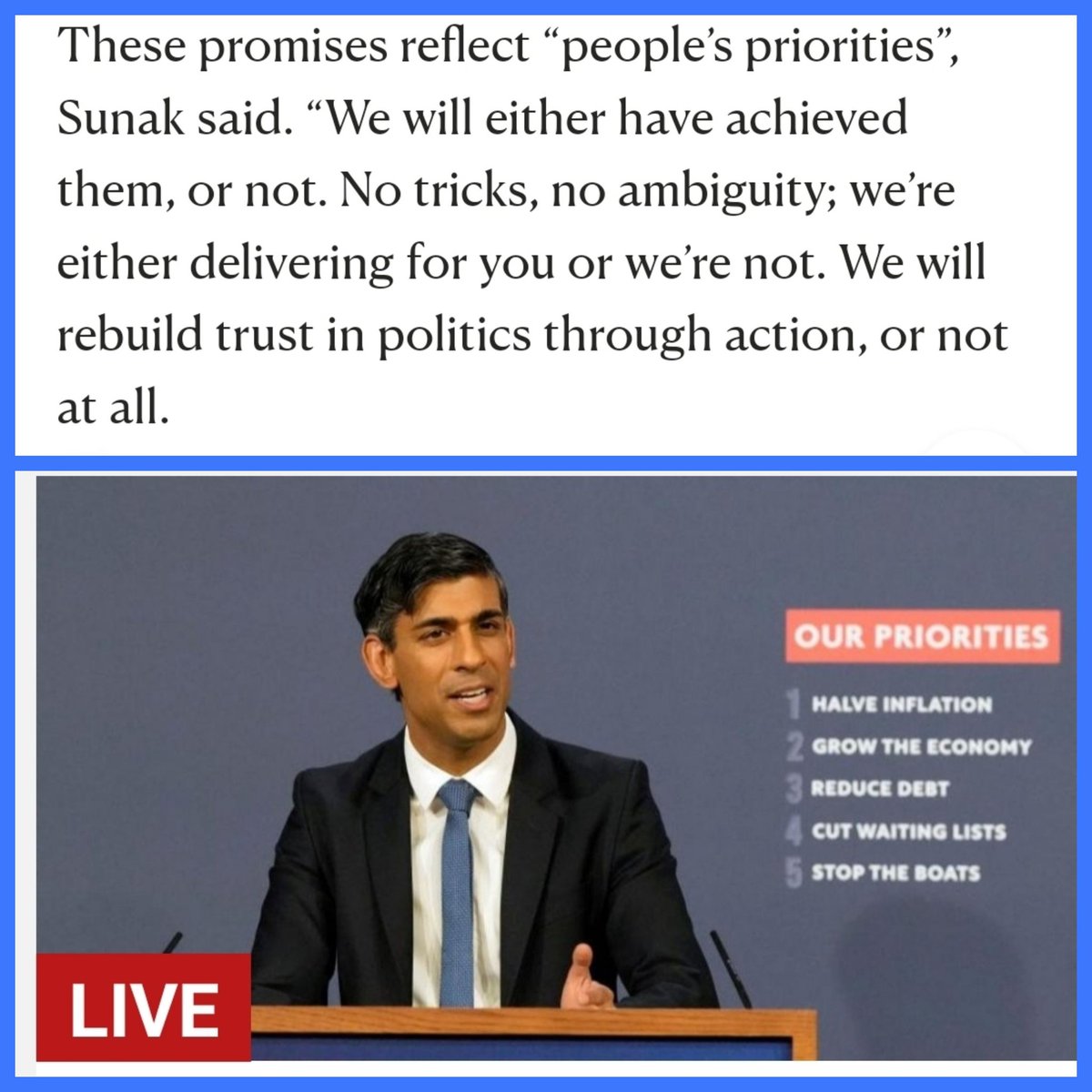 petejs1's tweet photo. "Rwanda" "Sunak" #5pledges #promises #ToriesOut358 #GeneralElectionNow
The whole problem 💥
Even 6 mth old "Pledges & Promises" magically transform to NOW
"Priorities" 👁 at picture as he speaks today. BBC Headline now
12.45 30 June 23,utter bull s***❗
Trust is shattered https://t.co/Yg3L6vyRfg
