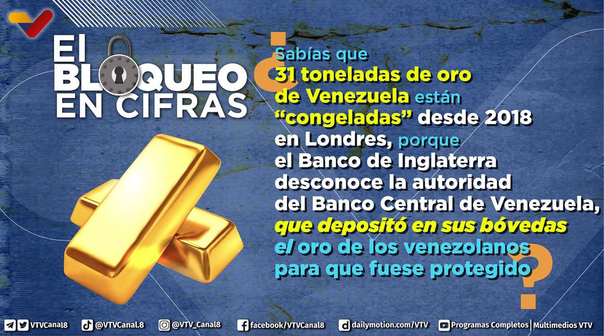 VTV CANAL 8 (@vtvcanal8) on Twitter photo #SabíasQué🤔| Las acciones más escandalosas y hostiles, que no se suelen contabilizar como parte del bloqueo es el congelamiento de 31 toneladas de oro por el Banco de Inglaterra desde 2018.
Conoce más sobre las sanciones en 👉 <a href="/AntibloqueoVen/">AntibloqueoVenezuela</a>
#ForoDeSãoPauloEsIntegración #SabíasQué🤔| Las acciones más escandalosas y hostiles, que no se suelen contabilizar como parte del bloqueo es el congelamiento de 31 toneladas de oro por el Banco de Inglaterra desde 2018.
Conoce más sobre las sanciones en 👉 <a href="/AntibloqueoVen/">AntibloqueoVenezuela</a>
#ForoDeSãoPauloEsIntegración