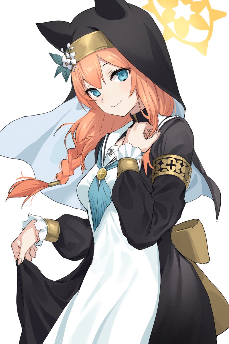 mari (blue archive) 1girl solo orange hair animal ear headwear blue eyes braid nun  illustration images