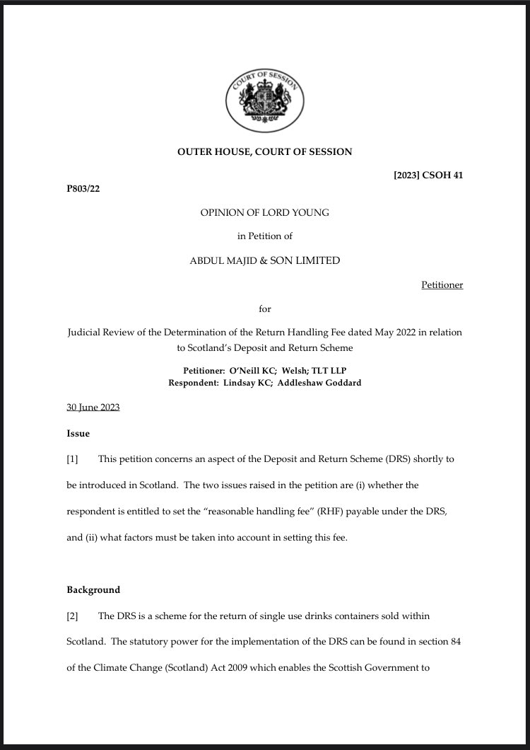 Breaking: Abdul Majid MBE, has won his judicial review case against Circularity Scotland Limited (CSL)

“The Court of Session has held that the way that Scot Govt and CSL had set up the DRS was unlawful and did not comply with the regulations made by the Scottish Parliament”