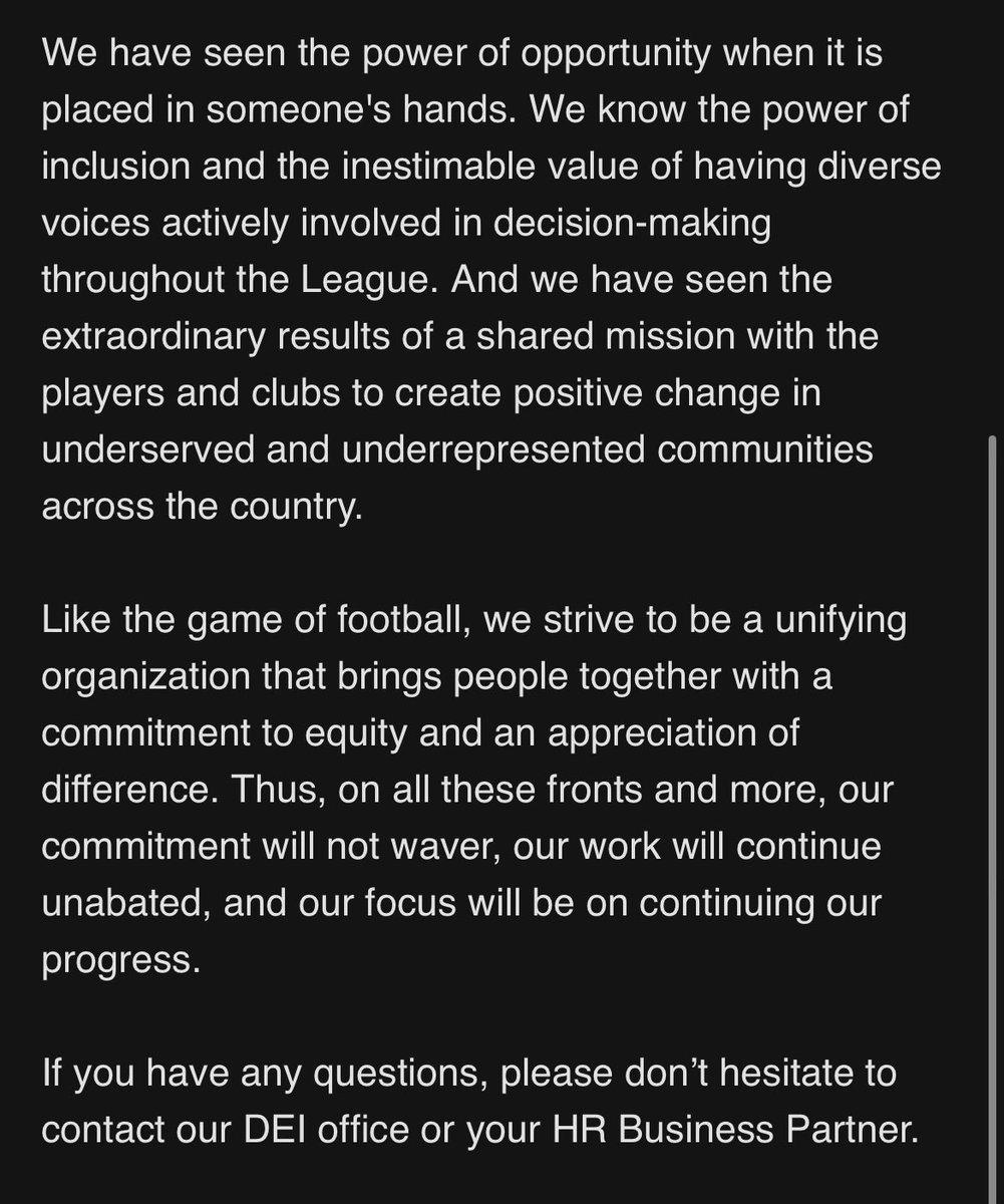 jjones9's tweet photo. Yesterday afternoon, following the Supreme Court striking down affirmative action programs in college admissions, NFL senior leadership sent this email to all NFL employees https://t.co/QMAT2kO7iw