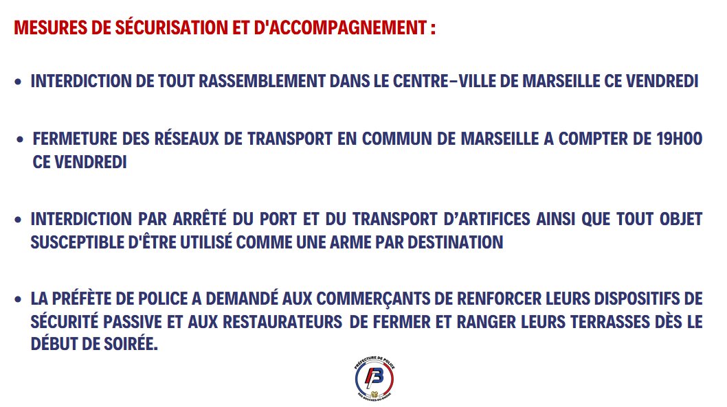 🔵À l'issue d'une réunion avec le maire de Marseille <a href="/BenoitPayan/">Benoît Payan</a> et les représentants de <a href="/AMPMetropole/">Métropole Aix-Marseille-Provence</a>, de <a href="/RTM_Officiel/">RTM_Officiel</a> et des fédérations de commerçants, et en plein accord avec eux, la préfète de police a pris plusieurs mesures de sécurisation et d'accompagnement⤵️