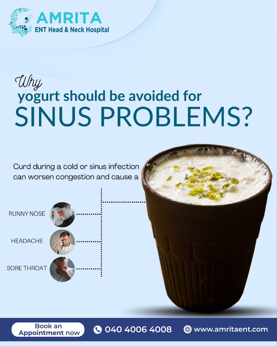 amritaenthyd's tweet image. Yogurt might be great for your gut, but not if you have sinus. The problem with this combination is that it increases the production of phlegm, which leads to more congestion. Even if you want to include this in your diet, avoid consuming at night.
#SinusProblems #Sinusitis