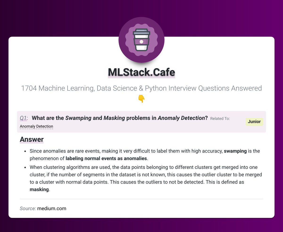 Having #MachineLearning or #DataScience #Interview? Can you answer this question? 🤔

❓ QA: 'What are the Swamping and Masking problems in Anomaly Detection?'
📚 Topic: #anomalydetection
🟢 Difficulty: Junior

#ai #AI4Good #iot

Check Right Answer Now 👇