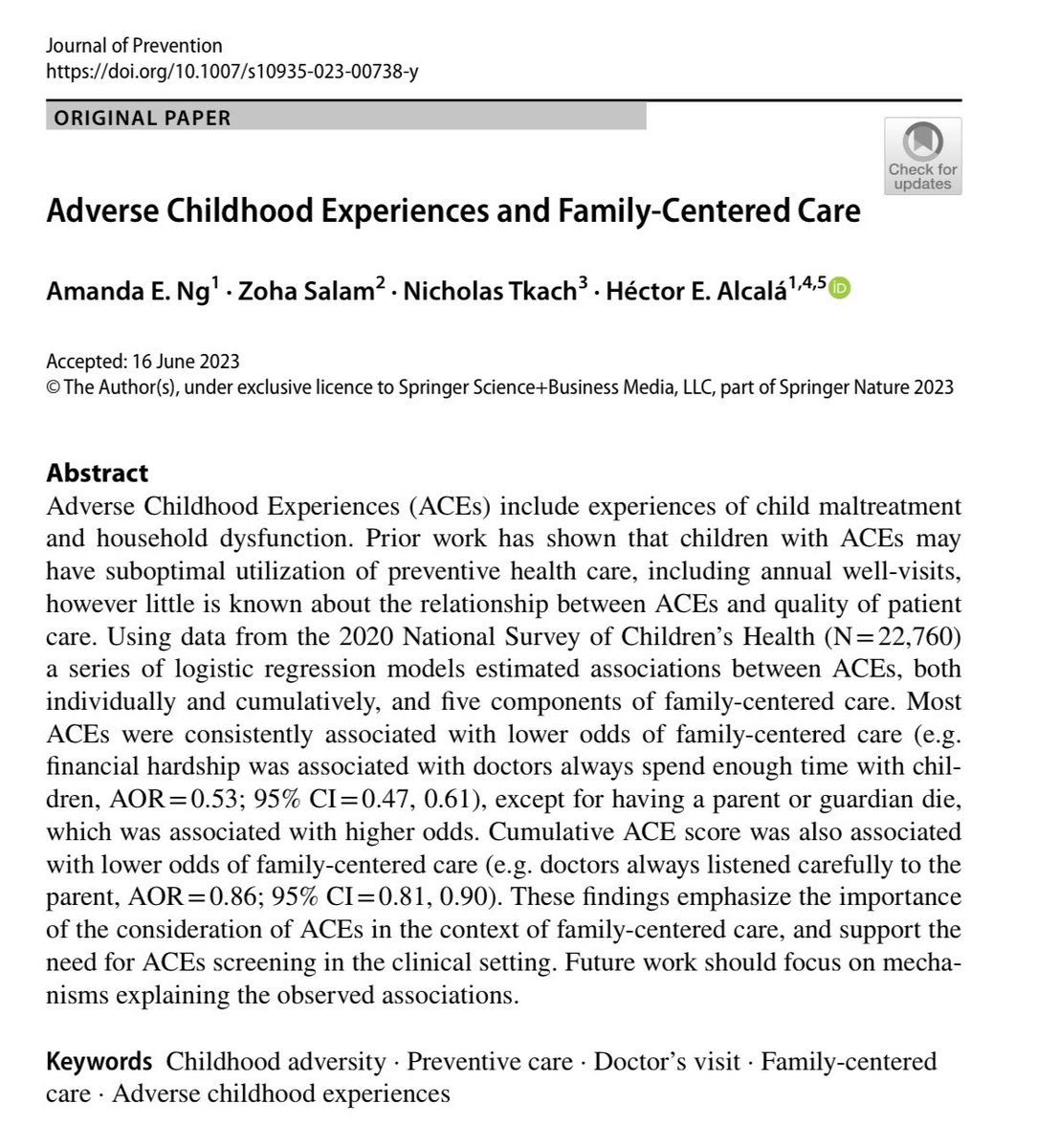 ✨New work✨examining associations between ACEs and Family-Centered Care using the 2020 NSCH!

thanks to @Hector_E_Alcala for leading us, as always!

Read more here: trebuchet.public.springernature.app/get_content/05…

#childhealth #epitwitter #heathcare