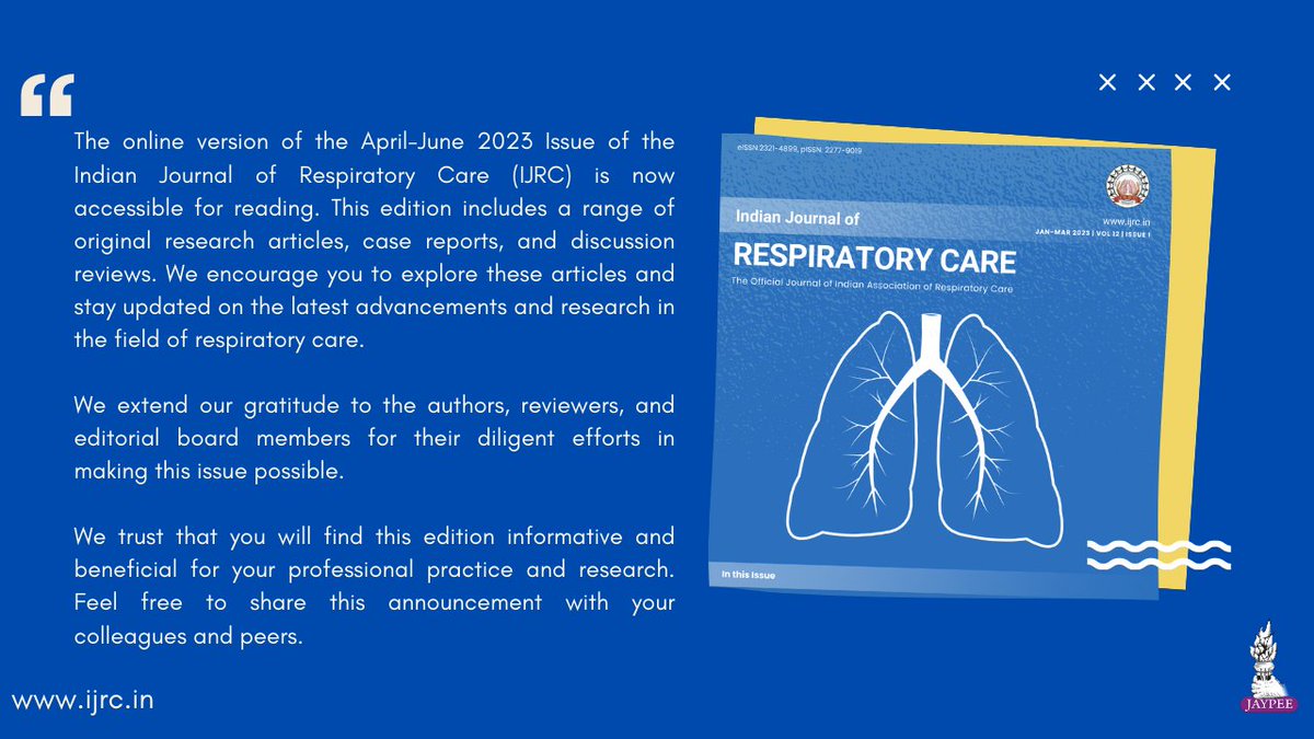 📢 Issue release annoncement! 📚 The April-June 2023 issue of the Indian Journal of Respiratory Care (Volume 12, Number 2) is now available online! Dive into the #OriginalResearch #CaseReports and #DiscussionReviews in #RespiratoryCare. Check it out here: ijrc.in/toc/IJRC/12/2