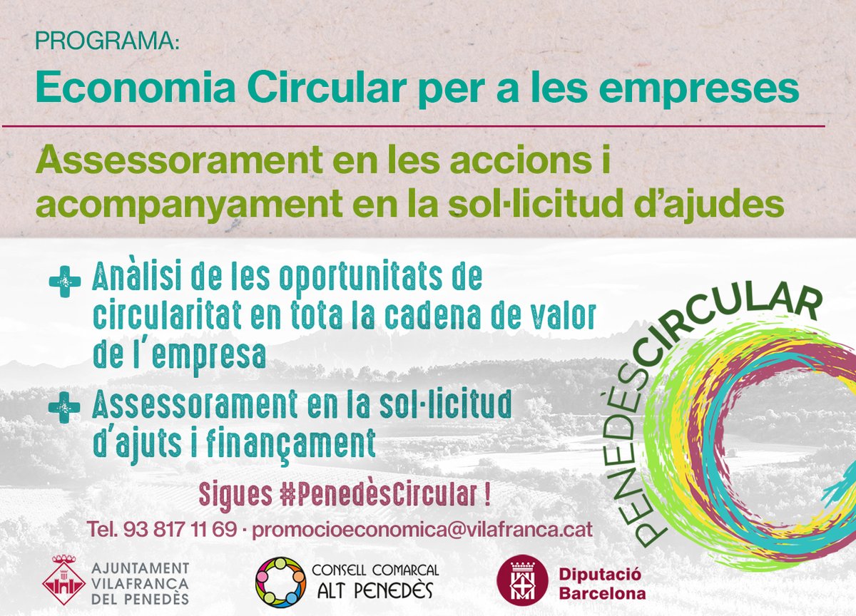 Vols impulsar accions de #sostenibilitat a la teva empresa? Necessites assessorament en #economiacircular? A #Penedescircular t'ajudem. Servei gratuït. Places limitades. Contacta a: tuit.cat/qmwq8 @Buconda @AccioClimaDIBA @FegpComunicacio @ccaltpenedes @VilafrancaAj