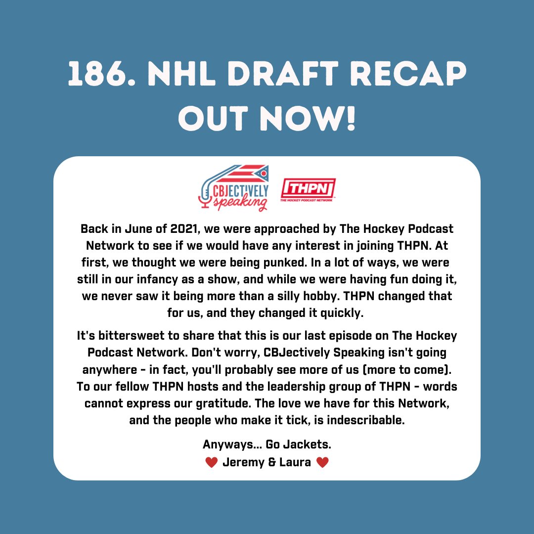 EP186 - NHL Draft Recap

OUT NOW!

- #CBJ dominate #NHLDraft2023 
- Mike Babcock's contract
- PWHPA/PHF
- We have some news to share.

Listen Here: link.chtbl.com/cbjectivelyspe…

#DraftKings Promo Code: THPN
tinyurl.com/DKAMAZE

We love you, @hockeypodnet! #THPN