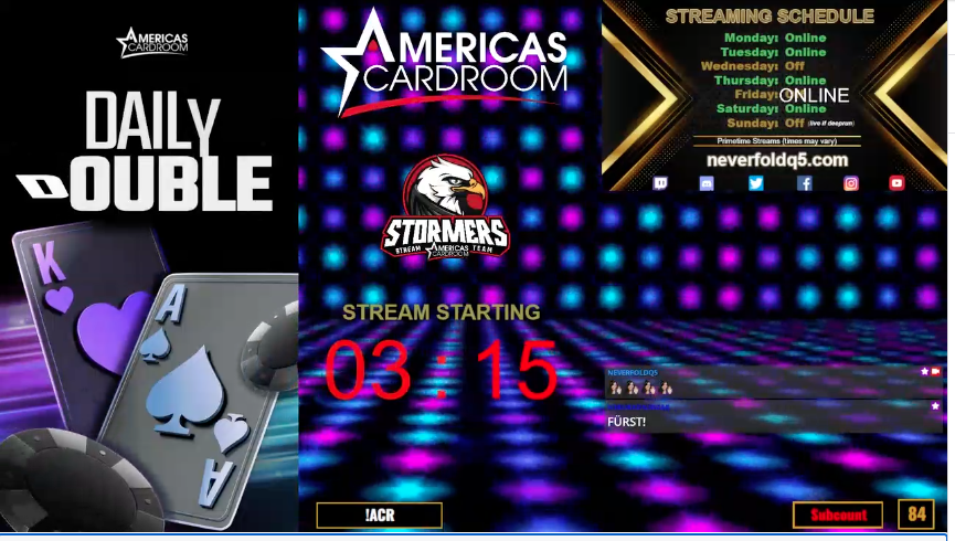 NeverfoldQ5's tweet image. Big Friday Grind - $109, $88 $55

Join me on Twitch 
twitch.tv/neverfoldq5

#acrpoker #acrstormers #mttpoker #twitchpoker #pokerstream #twitchtv @ACRSTormers