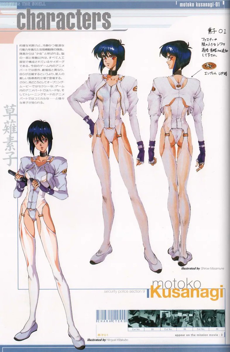 Major Motoko Kusanagi character design for Ghost in the Shell PS1 game (1997) done by Masamune Shirow.