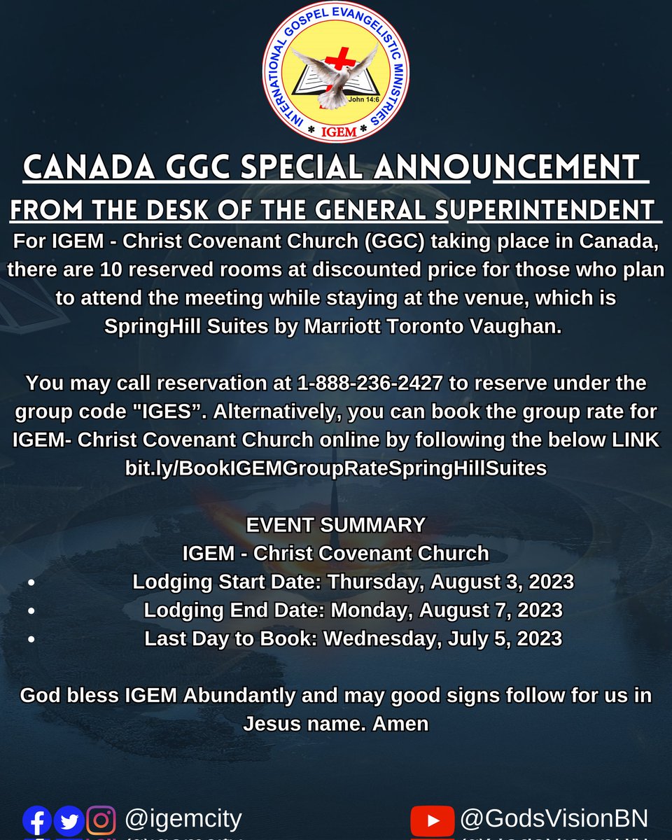 #igem #canadaggc #specialannouncement #lodging #reservedrooms #gospel