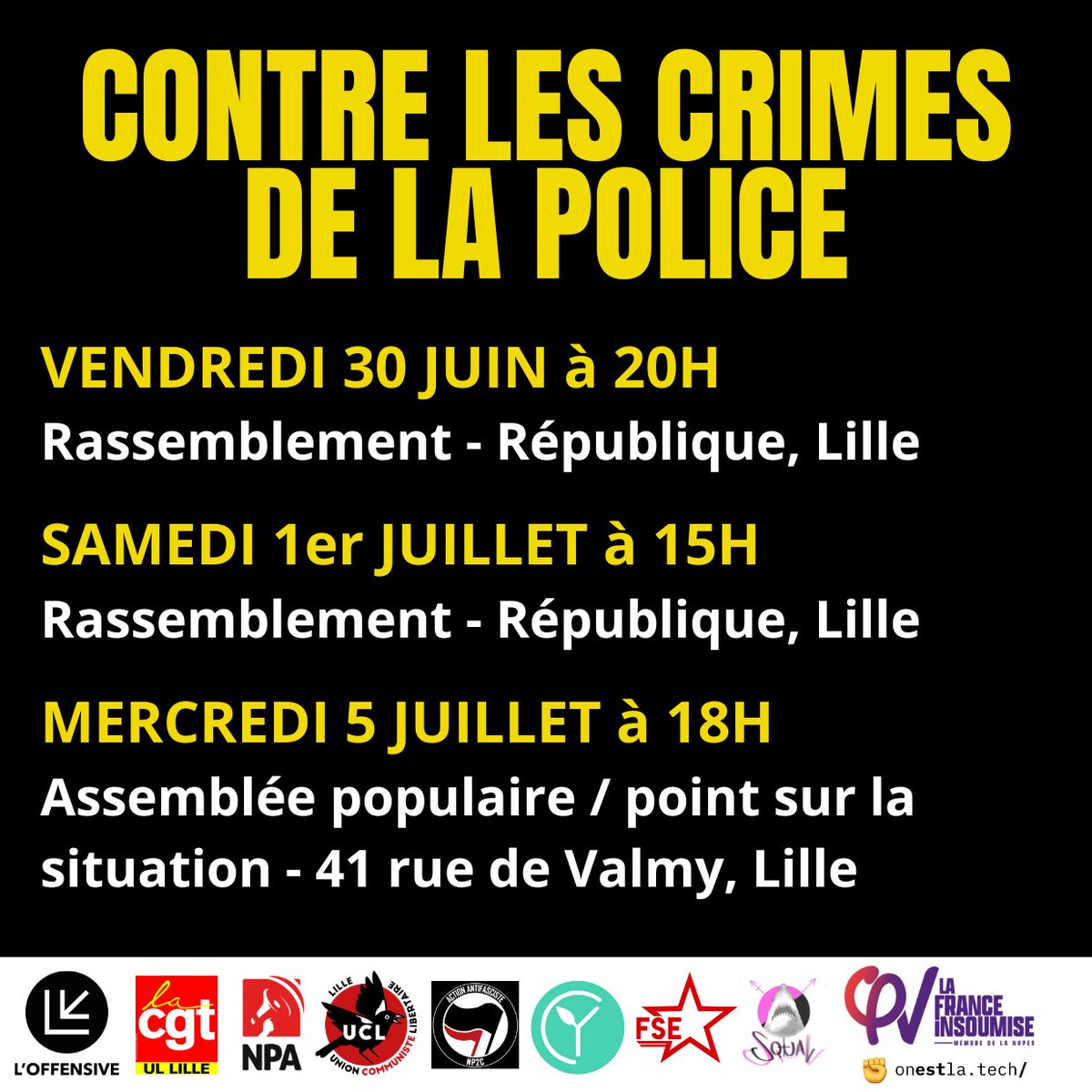🚨 Lille : mobilisations contre les crimes de la police 🚨

- rassemblements CE SOIR 20h et demain 15h à République
- Assemblée Populaire + point sur la situation mercredi 18h 41 rue de Valmy

1er signataires : l'Offensive, UL <a href="/lacgtcommunique/">La CGT</a>, <a href="/NPALille/">NPA Lille</a>, <a href="/FI_Lille/">La France Insoumise - Lille</a>, <a href="/GTA_NP2C/">GTA NP2C</a> ⤵️