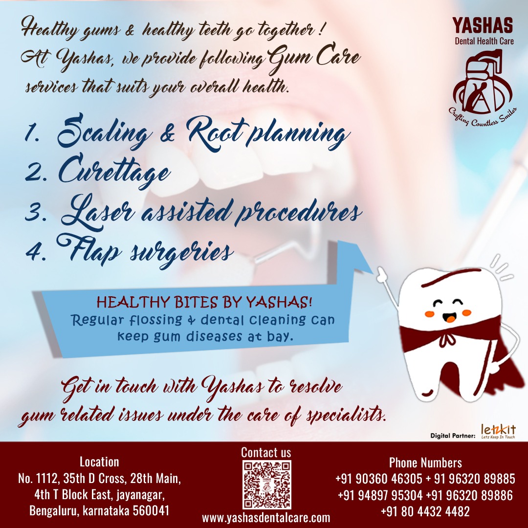 Healthy gums &amp; healthy teeth go together!

At yashas we provide a variety of services to help you in maintaining healthy gums.

Get in touch, TODAY!

#yashasdental #yashasdentalclinic #gumcare #dental #jayanagar #bangaloredentist #letzkit