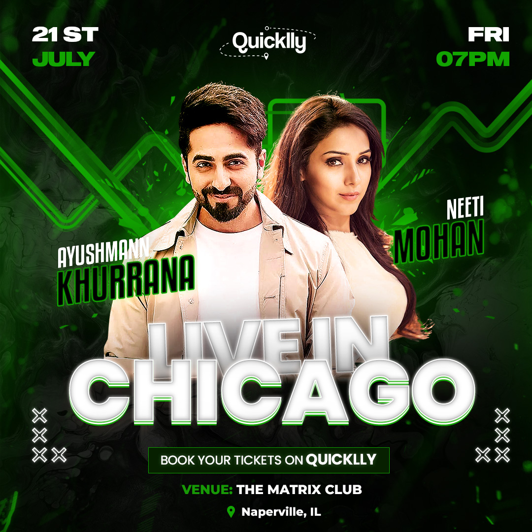 Ayushmann Khurrana and Neeti Mohan LIVE In Chicago!

Book your tickets on #Quicklly for a spectacular night of music and dance in the city. 🎶✨

#Quicklly #Quicklly_Official #AyushmannKhuranna #NeetiMohan #TheMatrixClub #Naperville #Event #Chicago #MusicalEvent #MusicalNight