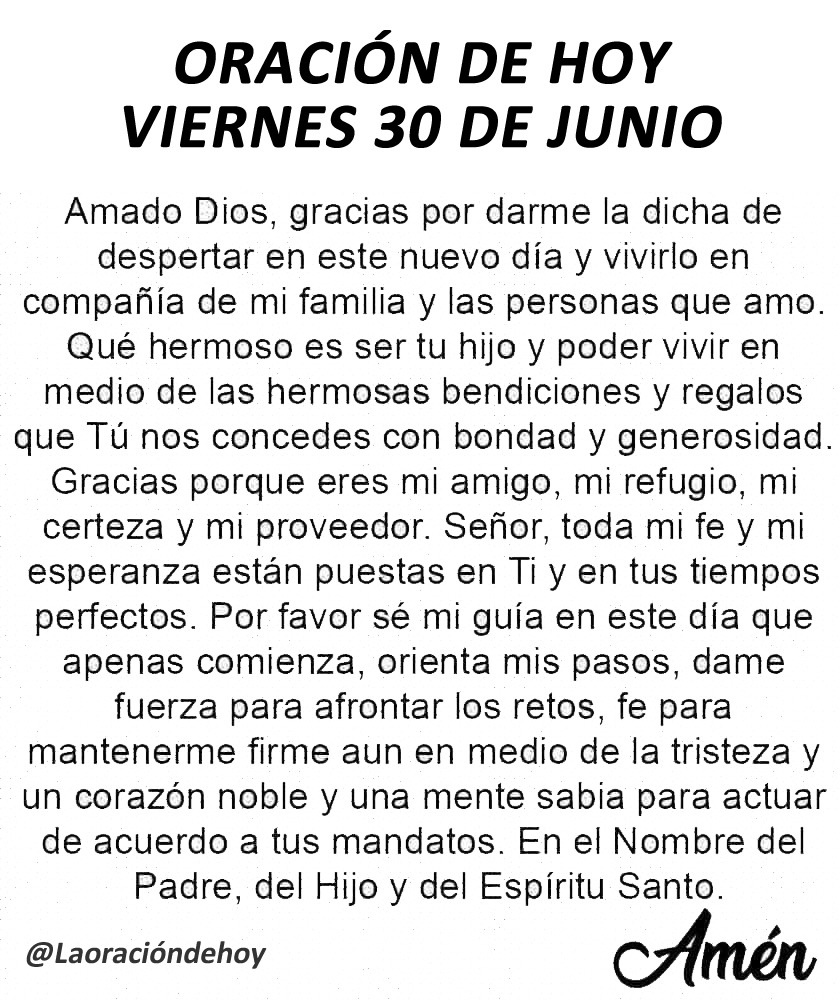 Oración diaria para hoy viernes 30 de junio de 2023.