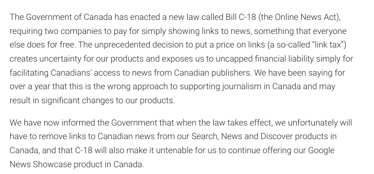 Wow. Canada's Bill C18 has become law. 

This means that Google now needs to pay to link to Canadian news sites.

Google: "We will be removing links to Canadian news from our Search, News, and Discover products and will no longer be able to operate Google News Showcase in
