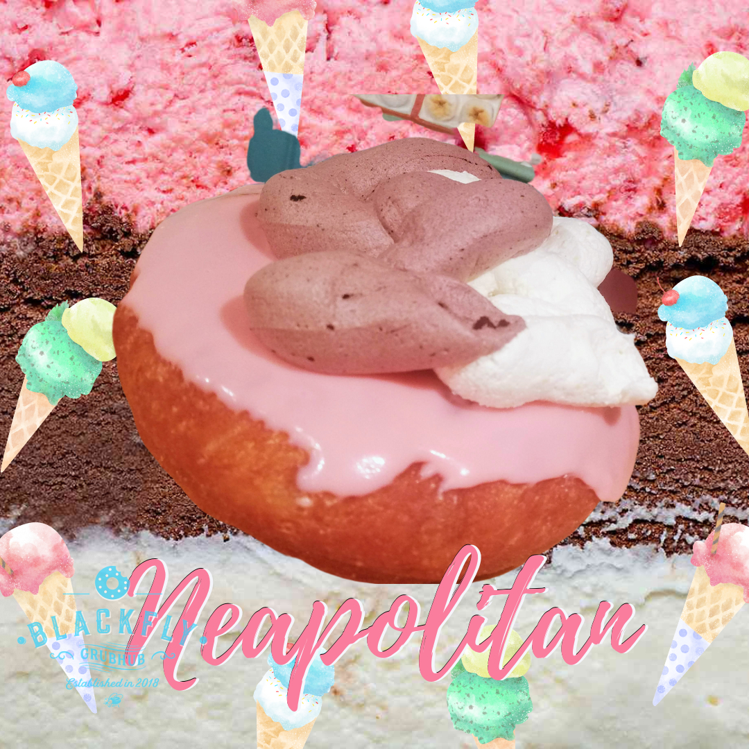 BlackFlyGrubHub's tweet photo. Welcome for July the Neapolitan.  Strawberry icing, topped with Chocolate and Vanilla whipped cream.  Tastes just like the ice cream.  See you soon. https://t.co/V8uMM5sUIx