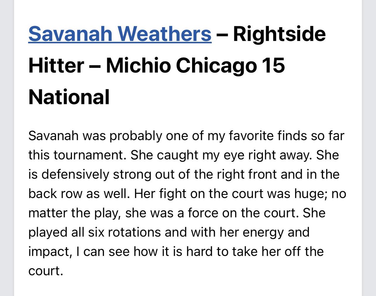 Savanah Weathers (@sweathers_24) on Twitter photo Thank you so much, super excited for the rest of nationals! <a href="/prepdigil/">Prep Dig Illinois</a> <a href="/prepdigrachel/">PrepDigRachel</a> <a href="/MichioVba/">Michio Chicago VBA</a> Thank you so much, super excited for the rest of nationals! <a href="/prepdigil/">Prep Dig Illinois</a> <a href="/prepdigrachel/">PrepDigRachel</a> <a href="/MichioVba/">Michio Chicago VBA</a>