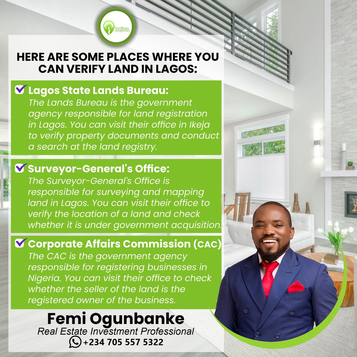Netbossproperty's tweet image. Here are some places where you can verify land in Lagos:
Lagos State Lands Bureau
Surveyor-General's Office
Corporate Affairs Commission (CAC)

I hope this helps!

#nigeriansindiaspora #nigeriansinuk #nigeriansincanada #nigeria #nigeriansinusa #nigeriansabroad #nigeriansinamerica