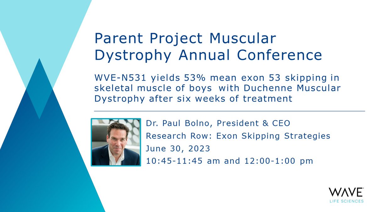 WaveLifeSci's tweet image. We're at the #PPMDConference talking about our proof-of-concept data and upcoming Phase 2 study for WVE-N531, which we are investigating as a potential treatment to restore dystrophin in boys amenable to #exon53 skipping. Join us today in the Exon Skipping Strategies Session.