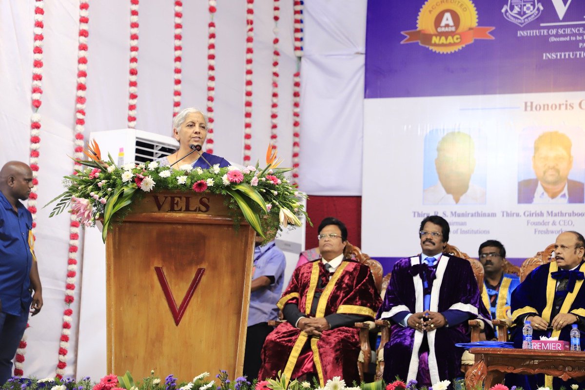 nsitharamanoffc's tweet photo. Smt @nsitharaman delivers the Convocation Address at the 13th Annual Convocation of Vels University in Chennai, Tamil Nadu. Shri @IshariKGanesh, Chancellor of the university, is also present on the occasion. https://t.co/1zpl1x8ITS