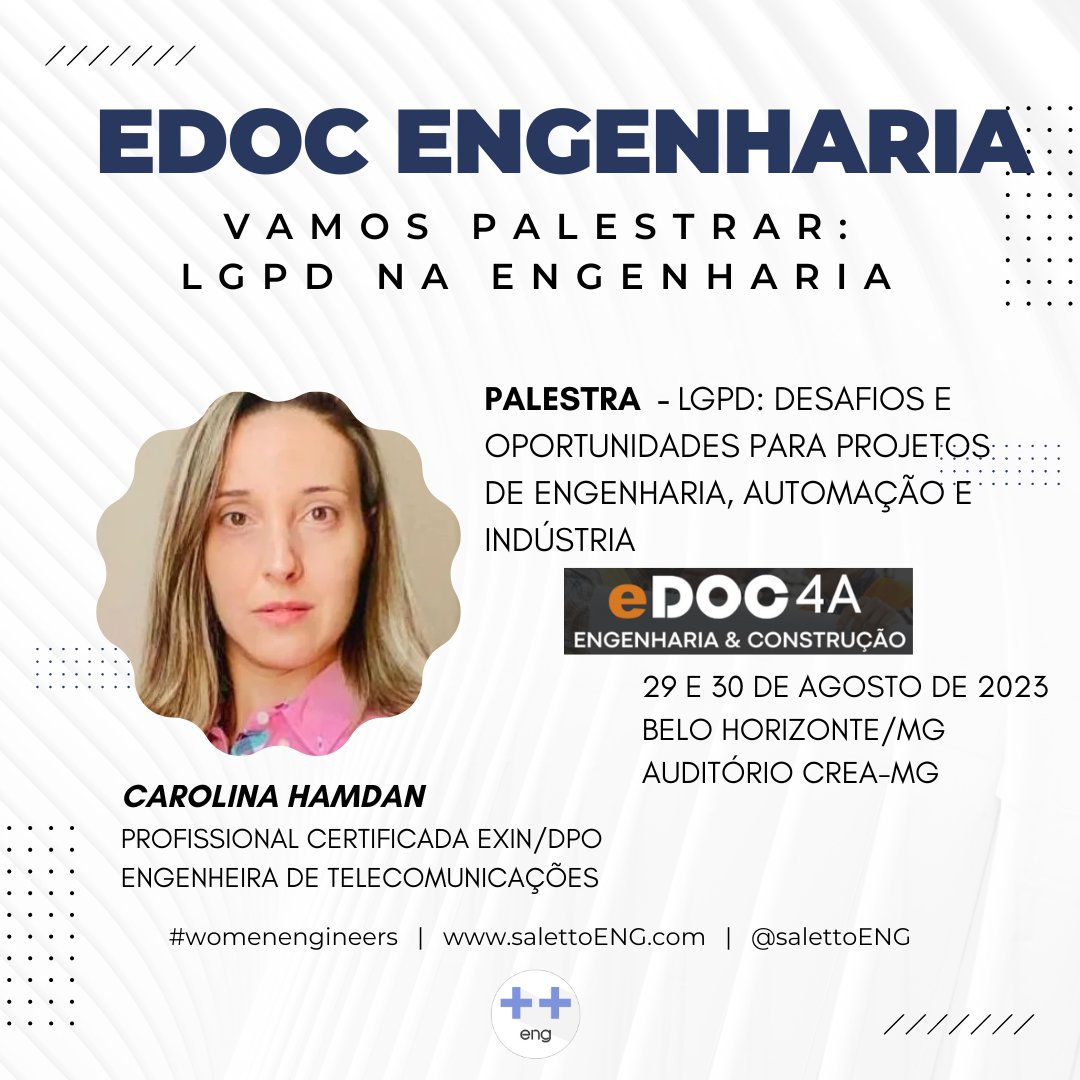 salettoeng's tweet photo. 🔐A especialista em LGPD, Carolina Hamdan, será palestrante no eDOC 4A Engenharia.
👉 Faça sua inscrição pelo link: https://t.co/oVU6CMYauL
💻 Navegue: https://t.co/QlyDgNKVmT
🤖 Entre em contato  pelo CHATBOT ++ 55 (31) 3267.0949
#salettoENG #IngenuityToSum #engenharia #LGPD https://t.co/5WJLV2M303