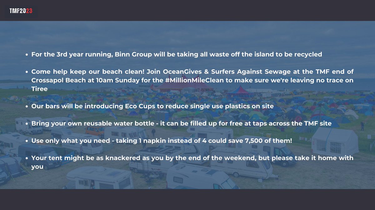 We're a wee festival & we want to make sure we have as wee an impact on the planet as possible. 🌍 

Here's what we're doing to keep our island beautiful & how you can help...

@sascampaigns #MillionMileClean #TMF2023