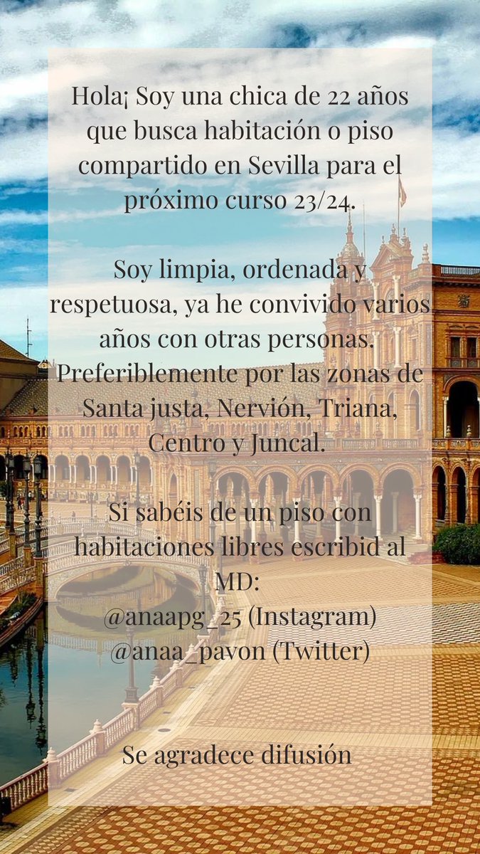 Busco habitaciones libres en Sevilla! Cualquier cosa MD. 
#pisossevilla #queydondeestudiar23 #sevilla #alquilersevilla