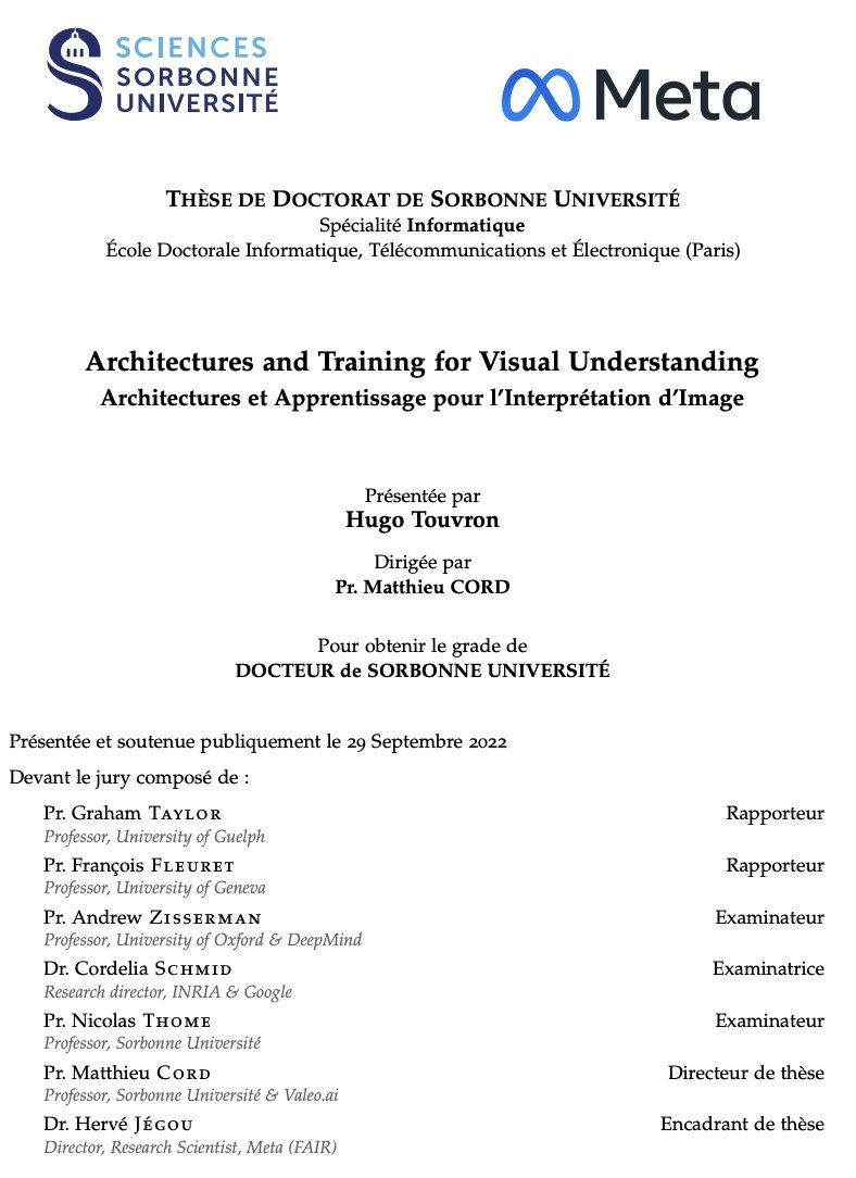 MLIA (@mlia_isir) on Twitter photo Félicitations à <a href="/HugoTouvron/">Hugo Touvron</a> qui a obtenu le prix de thèse Signal, Image et Vision 2023 décerné par le GdR ISIS !
"Architectures and Training for visual understanding"
et supervisée par <a href="/quobbe/">Matthieu Cord</a> et <a href="/hjegou/">Hervé Jegou</a> from @meta
tel.archives-ouvertes.fr/tel-03945782v1
<a href="/Sorbonne_Univ_/">Sorbonne Université</a> <a href="/ISIR_labo/">ISIR - Robotique</a> Félicitations à <a href="/HugoTouvron/">Hugo Touvron</a> qui a obtenu le prix de thèse Signal, Image et Vision 2023 décerné par le GdR ISIS !
"Architectures and Training for visual understanding"
et supervisée par <a href="/quobbe/">Matthieu Cord</a> et <a href="/hjegou/">Hervé Jegou</a> from @meta
tel.archives-ouvertes.fr/tel-03945782v1
<a href="/Sorbonne_Univ_/">Sorbonne Université</a> <a href="/ISIR_labo/">ISIR - Robotique</a>