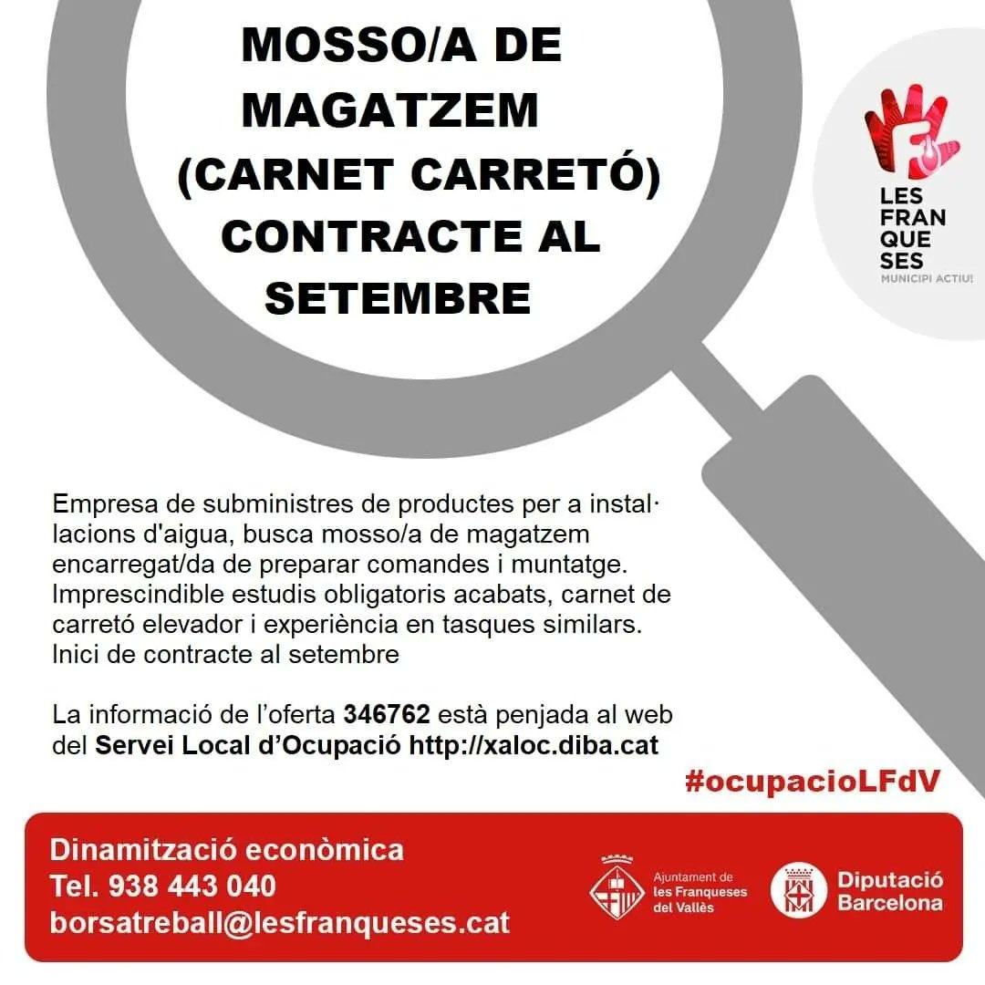 Noves ofertes de feina, si creus que et poden interessar, truca al telèfon 938 443 040 o escriu a borsatreball@lesfranqueses.cat 
#OcupacioLFdV #LesFranqueses #SomDeLesFranqueses #seguim #jxlf
<a href="/FranCOLOME/">Francesc Colomé</a>