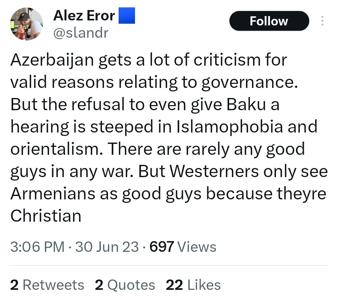I think one of the ironies of 'you're prejudiced against Azerbaijan because of Orientalism' as a defense is that the underlying defense of Baku you see here is 'sure their government is terrible but they can't do any better! They're Orientals! There's no good guys!'