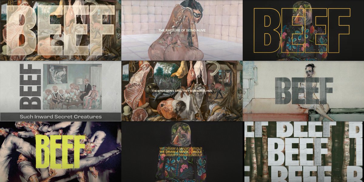 MHD_Studio's tweet photo. Appreciation post for the fantastic title cards from the @Netflix show 'BEEF'. David Choe, who plays Isaac in the show created all but the Pieter Aertsen piece (from 1551) used in Ep.1. #Design by @Sarofsky.

@A24 #Typography #GraphicDesign #Illustration #Type https://t.co/AVMW9t7amu