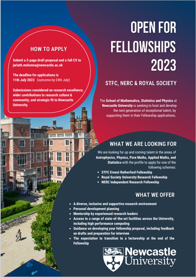 NCLMathsStatsPhysics (@nclmathsstats) on Twitter photo 🗣️📢‼️ Our #Fellowship application support process is open‼️
We are seeking early career researchers in #Astrophysics, #Physics, #PureMaths, #AppliedMaths, & #Statistics. 
Deadline for draft proposal & CV: 11th July 2023. Full details here: tinyurl.com/37c76ahc
#research 🗣️📢‼️ Our #Fellowship application support process is open‼️
We are seeking early career researchers in #Astrophysics, #Physics, #PureMaths, #AppliedMaths, & #Statistics. 
Deadline for draft proposal & CV: 11th July 2023. Full details here: tinyurl.com/37c76ahc
#research