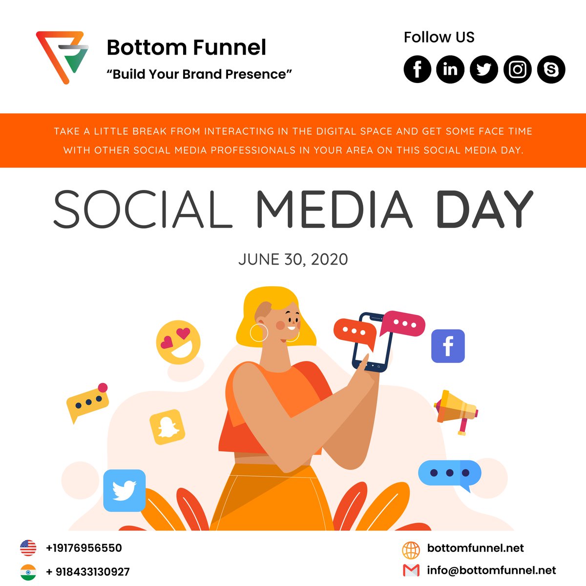 BottomFunnel's tweet photo. Happy Social Media Day! 🎉 At Bottom Funnel, we understand the impact of social media on businesses like yours. Let us help you elevate your brand to new heights. Let's harness the potential of social media to create meaningful connections and drive growth. #socialmediaday https://t.co/zq4haahbcO
