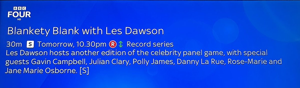 Hello there dear hearts!
Tune into <a href="/BBCFOUR4/">BBCFOUR</a> tomorrow at 10.30pm to see meself on Blankety Blank with Les Dawson

Love luck and laughs ❤️