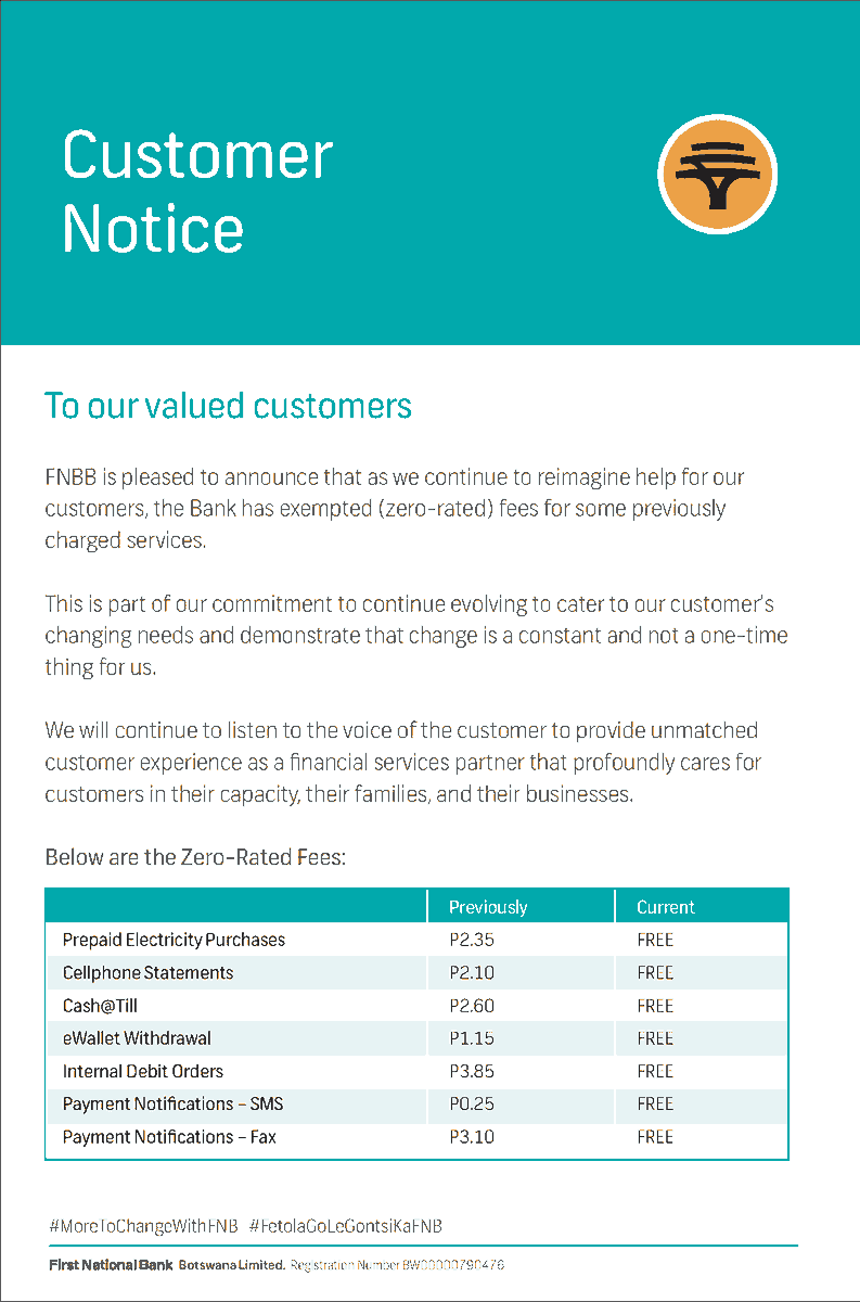 FNB_Botswana's tweet photo. Notice to our valued customers
We are pleased to announce a change aimed at enhancing your customer experience.
FNBB has exempted fees for certain previously charged services, reinforcing our commitment to adapt to our customers' evolving needs.
#MoreToChangeWithFNB
#LoveFNBB https://t.co/IOYfNTZxYH