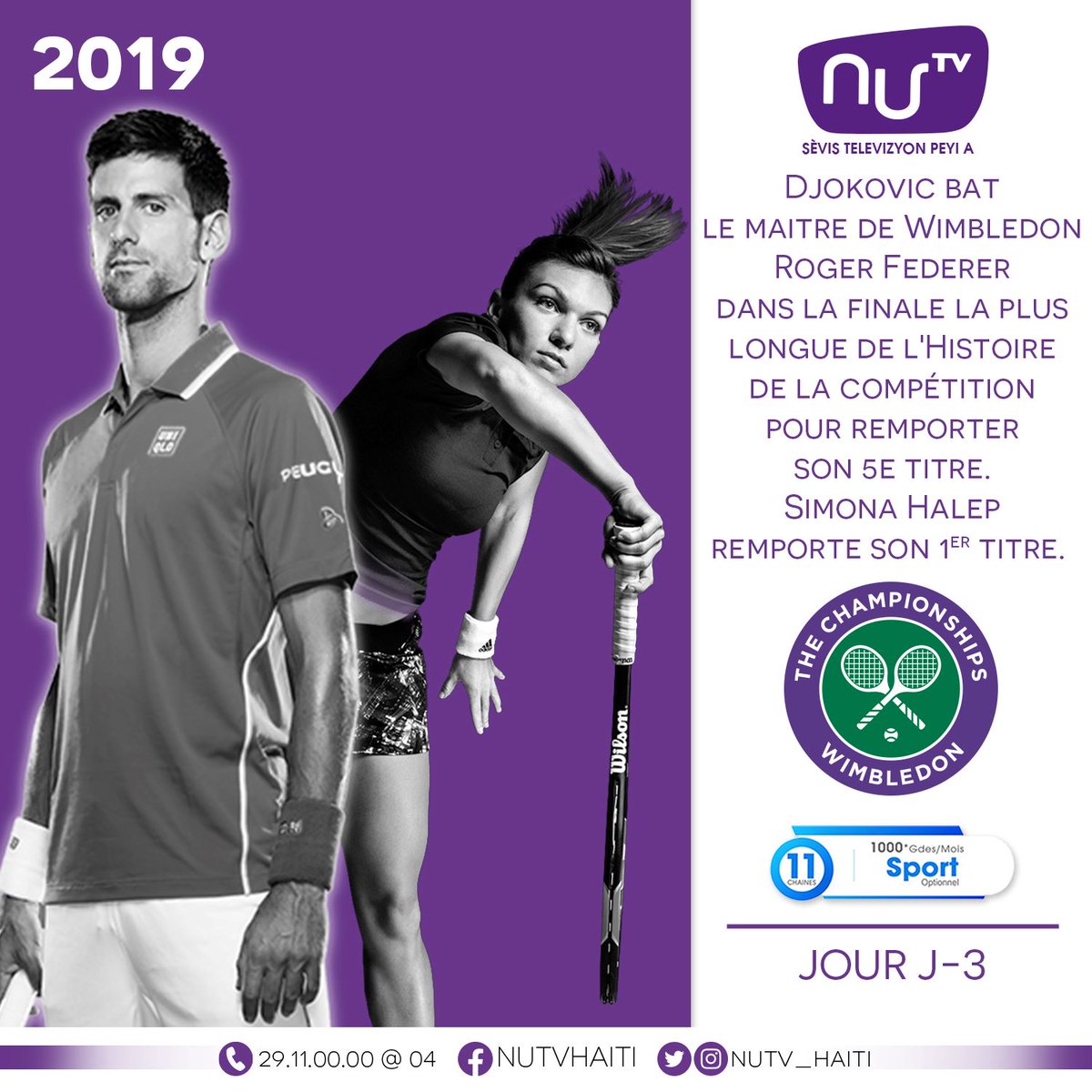 nutv_haiti's tweet photo. Djokovic bat le maître de Wimbledon Roger Federer dans la finale la plus longue de l'Histoire de la compétition pour remporter son 5e titre. Simona Halep remporte son 1er titre à Wimbledon.
JOUR J-3
#Wimbledon #Nutv #WatchOnNutv #Tennis #Wimbledon2023 #SevisTelevizyonPeyiA🌎🇭🇹 https://t.co/F3eJay9gLB