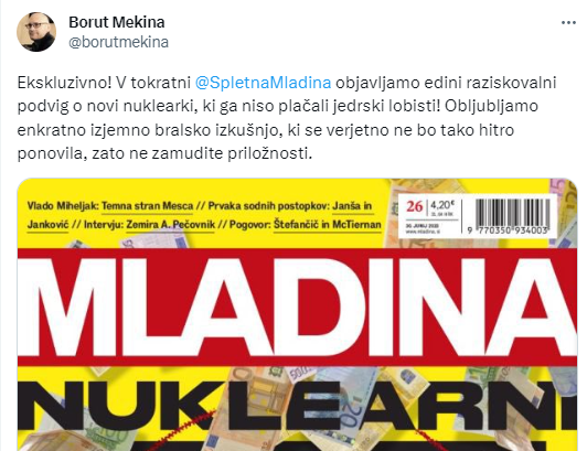 jasmingetorix's tweet photo. Proti-jedrska Mladina. Danes je izšla že tretja zaporedna izdaja Mladine s proti-jedrsko vsebino, tokrat je temu posvečena tudi naslovnica. V tej niti bom poskusil na kratko poanalizirat tokratno mentalno gimnastiko nasprotnikov jedrske energije. 1/ https://t.co/wxF5ss6FHo