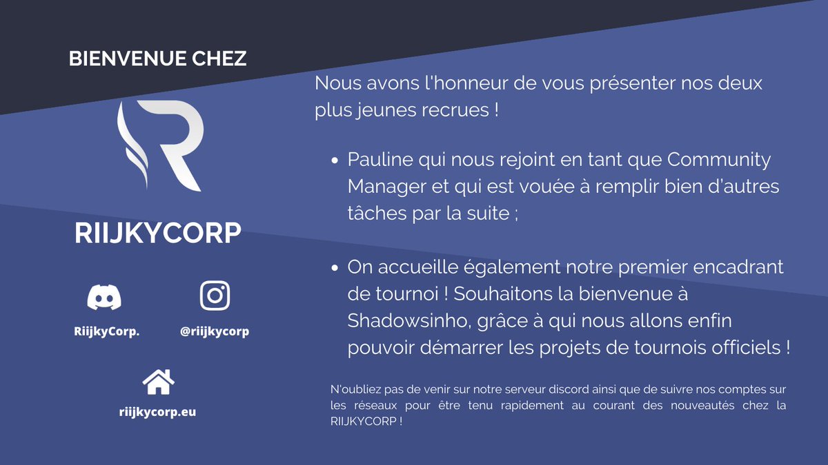 RiijkyCorp's tweet photo. ‼️ BIENVENUE ‼️

Nous souhaitons la bienvenue à nos deux jeunes recrues qui nous ont rejoint cette semaine et qui nous permettront d'avancer un peu plus vers notre but final.

Merci à tout le monde qui participe à notre projet et qui nous aide à atteindre notre objectif 😊 https://t.co/ror4wis4l2