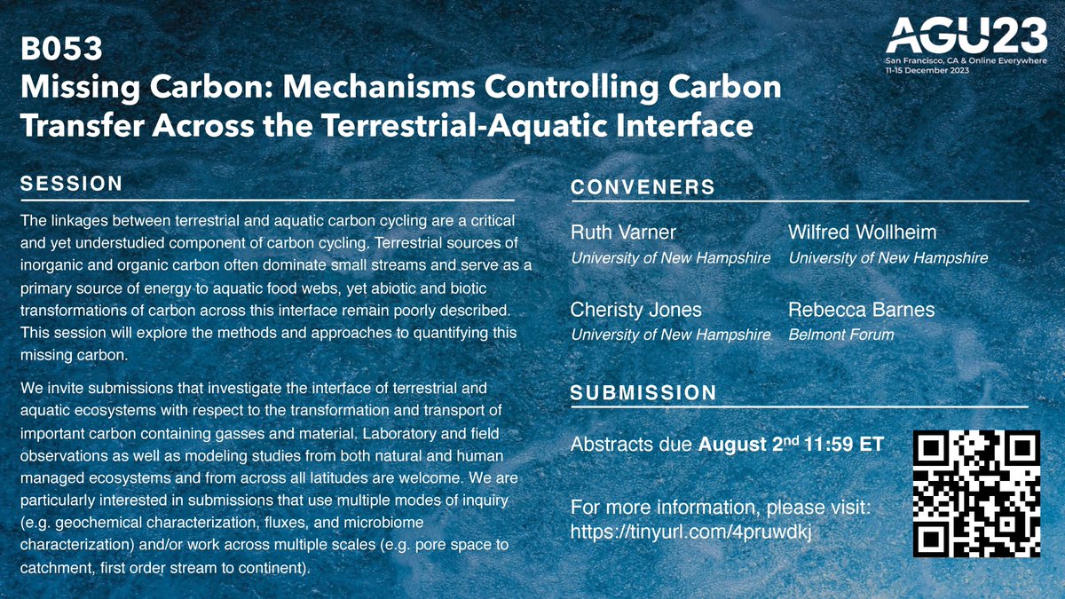 Looking at terrestrial-aquatic connections and carbon? Submit to our #AGU23 session B053 Missing Carbon: Mechanisms Controlling Carbon Transfer Across the Terrestrial-Aquatic Interface!

@theAGU @AGU_H3S @Hydrology_AGU @AGUbiogeo 
agu.confex.com/agu/fm23/preli…