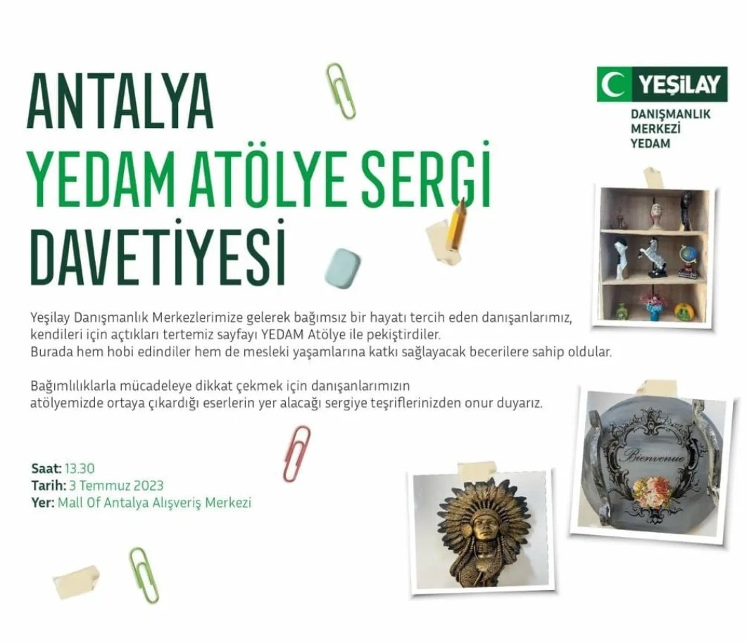 Bağımlılıklarla mücadeleye dikkat çekmek için danışanlarımızın atölyemizde ortaya çıkardığı eserlerin yer alacağı sergiye teşriflerinizden onur duyarız.  <a href="/1920yesilay/">Yeşilay</a> <a href="/AntalyaValilik/">T.C. Antalya Valiliği</a> <a href="/Akdenizun/">Akdeniz Üniversitesi</a> <a href="/gencyesilay07/">Akdeniz Genç Yeşilay</a> <a href="/Meral_1_/">Meral Savaş</a> <a href="/gokcenenc07/">Gökcen Özdoğan Enç</a>