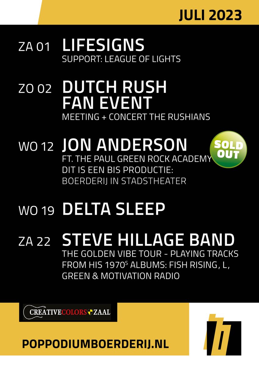 En morgen is het alweer juli! Zien we jou in Poppodium Boerderij? Bij #Lifesigns met #LeagueofLights - #JonAnderson - #DeltaSleep - #TheSteveHillageBand? Ga naar onze ticketshop voor kaartjes: boerderij.stager.nl/web/tickets