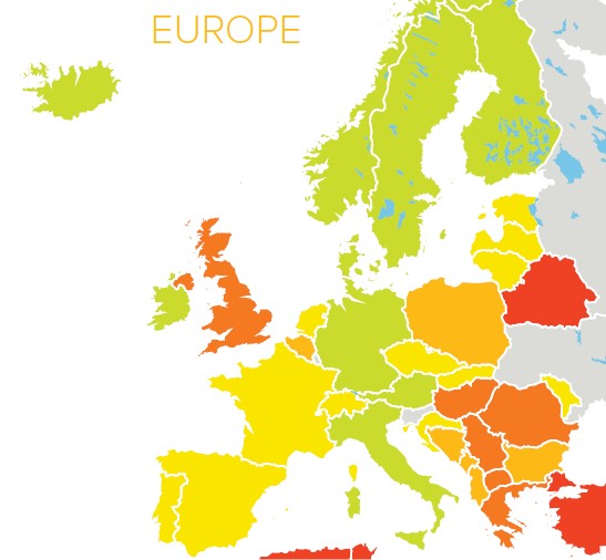 The UK govt has frequently claimed it is following international norms in its attacks on the basic right to strike: it's downgrading in the annual Global Rights Index shows it's horribly out of step with our European partners, as this graphic shows (darker/redder colours worse)