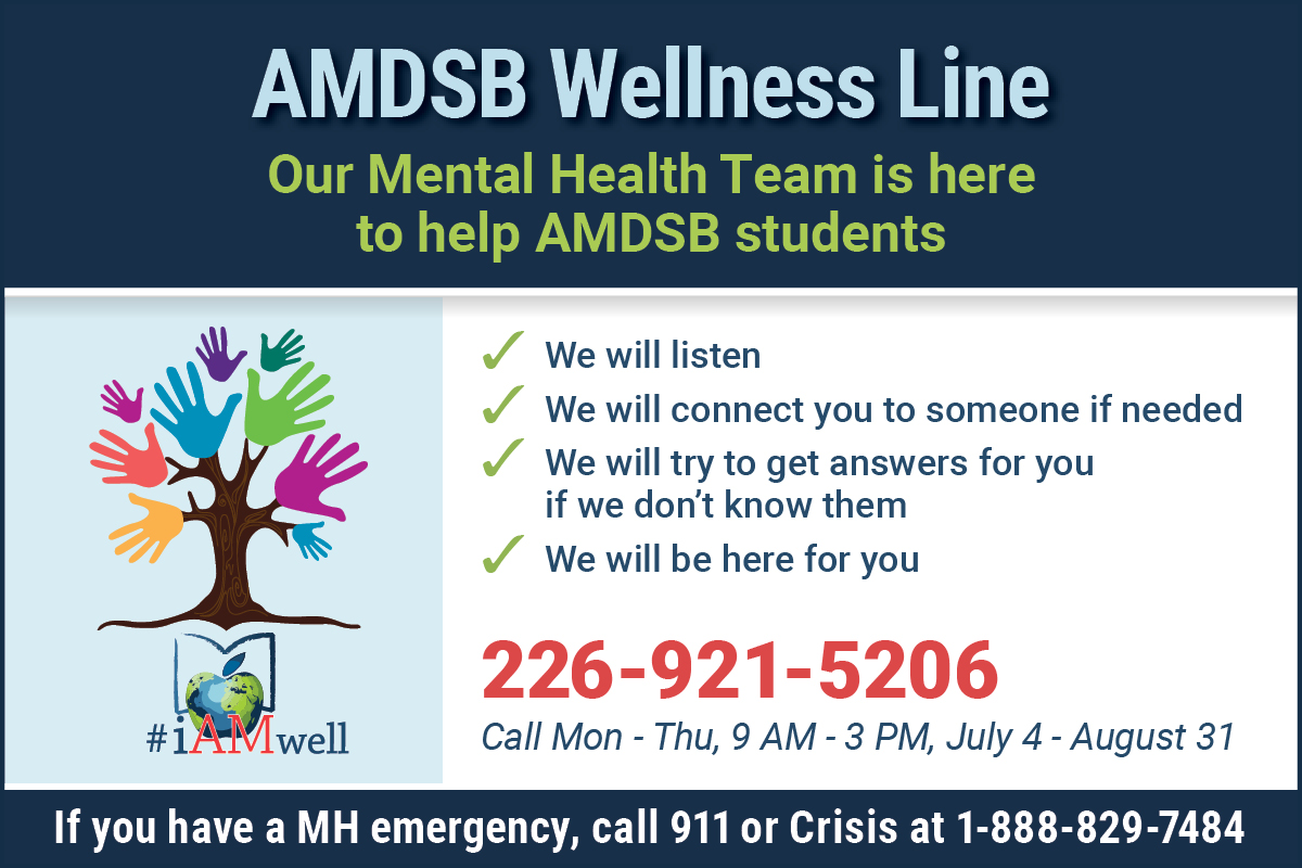 We have set up a Summer Wellness Line for students and caregivers! Mental Health counsellors answer calls Monday-Thursday, 9:00am to 3:00pm July 4-August 31, 2023 (except for statutory holidays). The number is 226-921-5206. Learn more: scho.ca/n839216