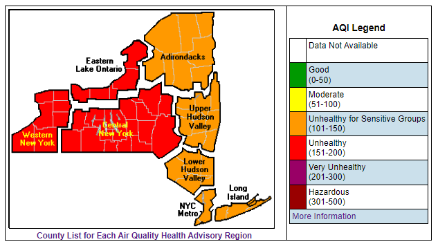 NYSDHSES's tweet image. The @NYSDEC &amp;amp; @HealthNYGov have issued an #AirQuality Health Advisory for today, June 30, 2023, for all regions across NYS.  

🚨 Sign-up for local alerts: alert.ny.gov 
⚠️ Air quality forecasts: airnow.gov
😷 Vulnerable groups should take precautions