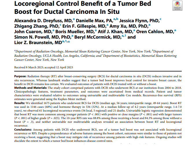 New in #AdvancesRO by rising PGY4 Dr Alexandra Dreyfuss:  Tumor bed boost in BCT was not associated with LRR or RFS. As boosts were used more frequently in those with high-risk features, it is possible that it may have mitigated risk of recurrence. #bcsm 
sciencedirect.com/science/articl…
