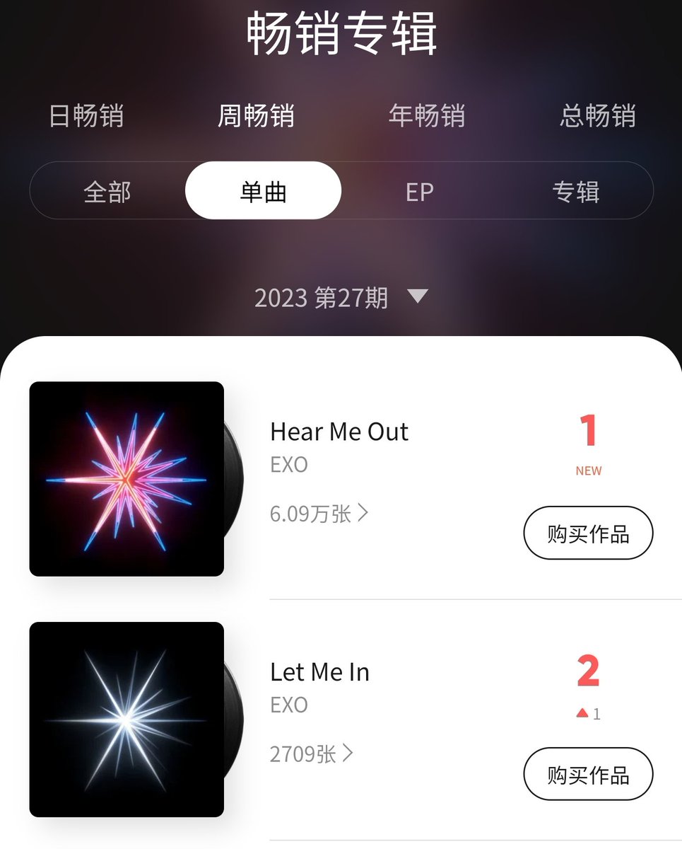 Best Seller singles of the week on QQ Music Chart:

#1 Hear Me Out 👑🥳
#2 Let Me In 👑🥳

#HearMeOutbyEXO #LetMeInByEXO #EXO_EXIST #EXO #엑소 @weareoneEXO