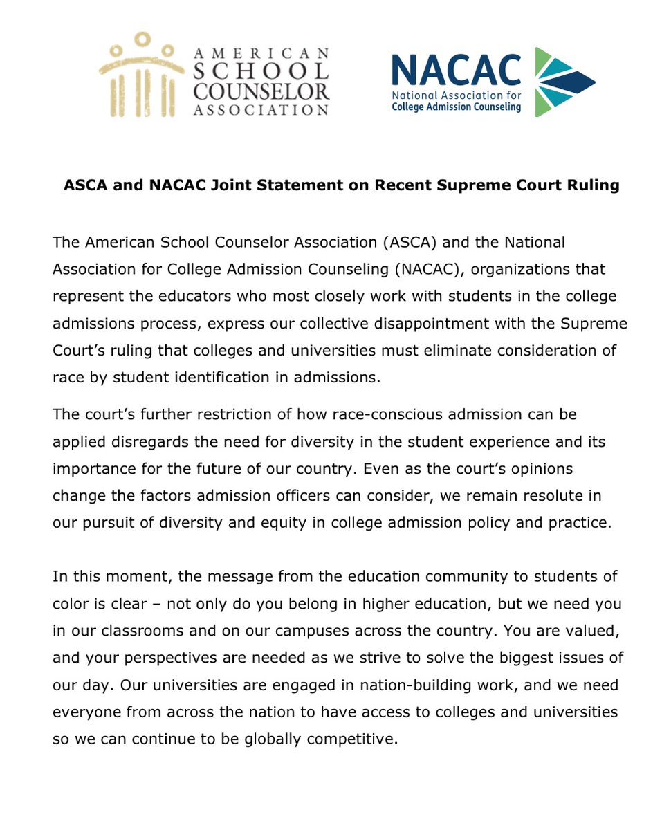@ASCAtweets joint statement with @NACAC #scchat
